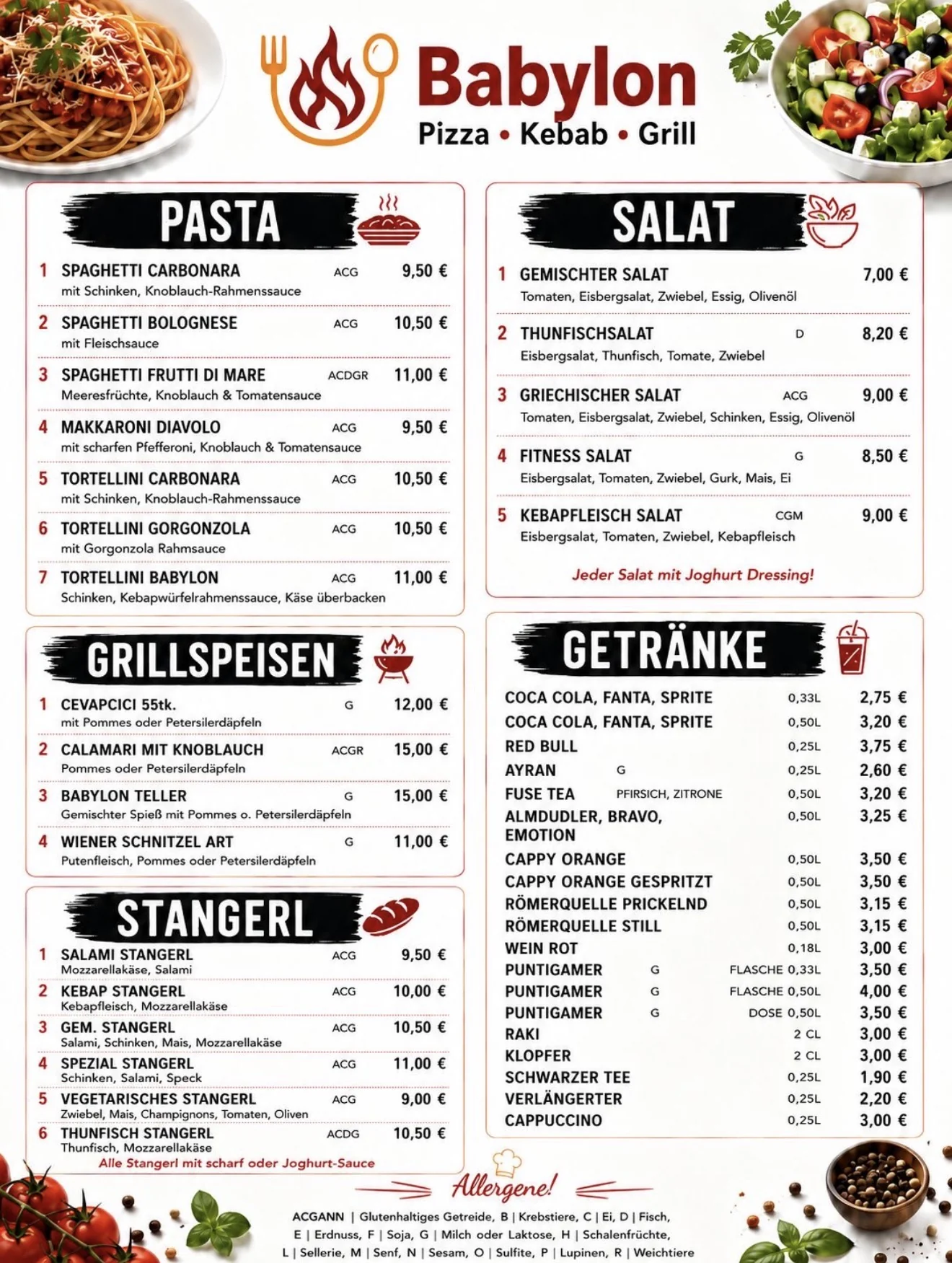 Originale Speisekarte Seite 2: Pasta, Salat und Getränke