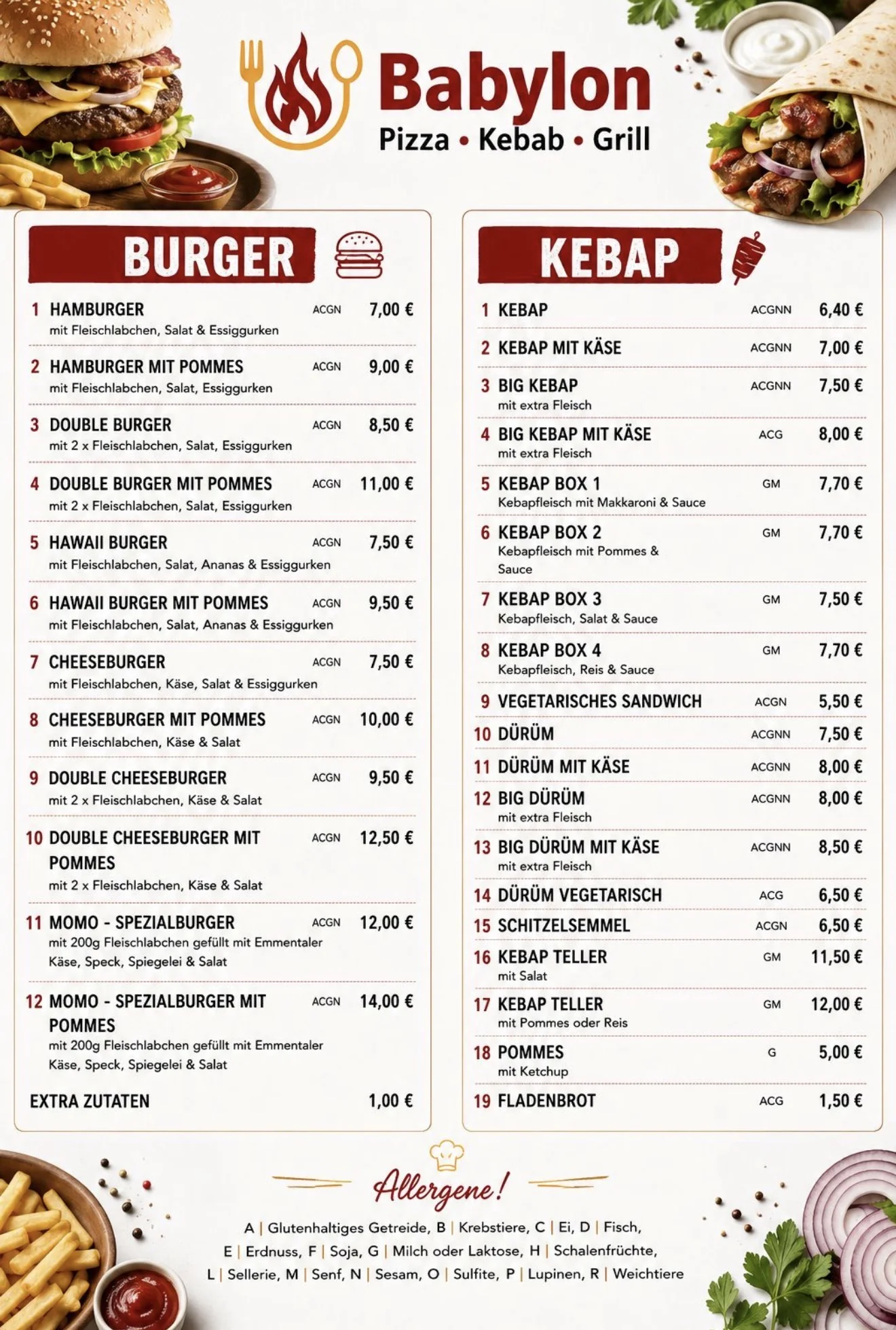 Originale Speisekarte Seite 3: Burger und Kebab