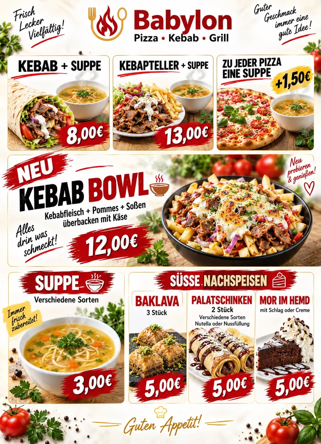 Babylon Speisekarte Seite 5: Kebab mit Suppe, Kebab Bowl, Suppen und süße Nachspeisen