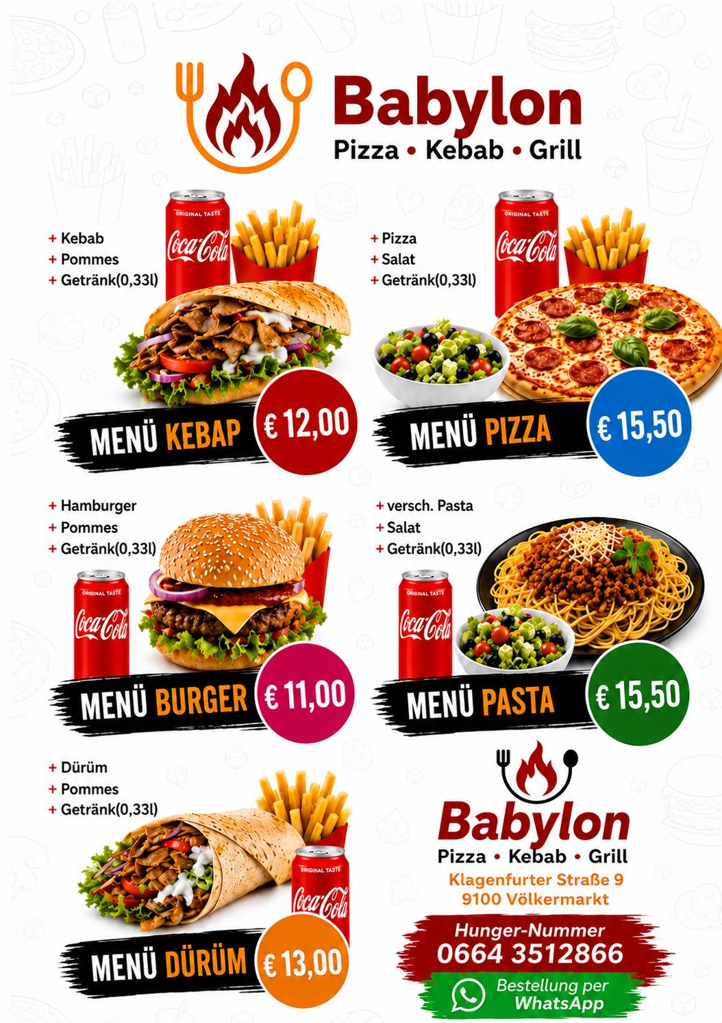 Babylon Menükarte mit Menü Kebab, Menü Pizza, Menü Burger, Menü Pasta und Menü Dürüm